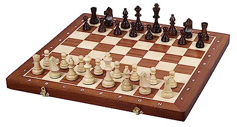 Sunrise Chess Turnierschach Set Nr. 6 – Hochwertiges Schachbrett mit handgeschnitzten Hainbuchenholz Figuren – Klappbare Kassette mit Mahagoni und Ahorn Intarsien – Inklusive zusätzlicher Damen