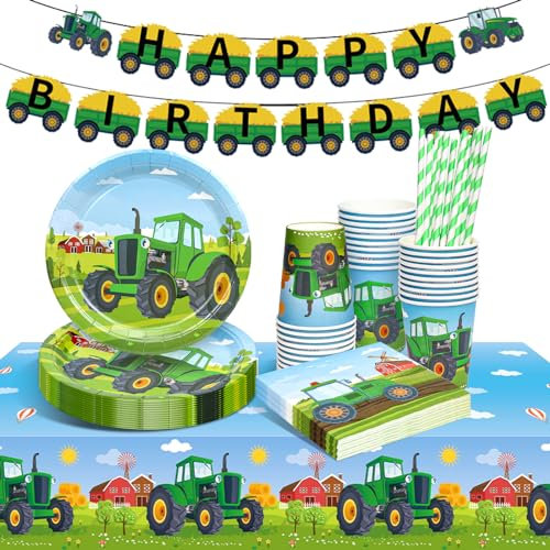 Tracteurs Assiette Jetable Anniversaire Garçons Fille, 66 Pcs Vaisselle Jetable Anniversaire Set, Kit Vaisselle Jetable Anniversaire Avec Gobelets Serviette Papier Anniversaire Nappe pour Anniversaire