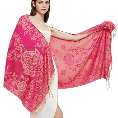 Gragengs Pashmina Schal Wrap mit ethnischen Paisley Two Tone Jacquard Schal für Damen,Paisley-Fuchsia