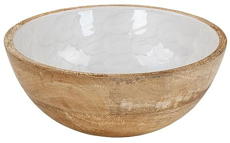 levandeo Schüssel 21cm Mango Holz Creme Perlmutt Emaille Schale Bowl Salatschüssel Deko Servierplatte Tischdeko Dekoration
