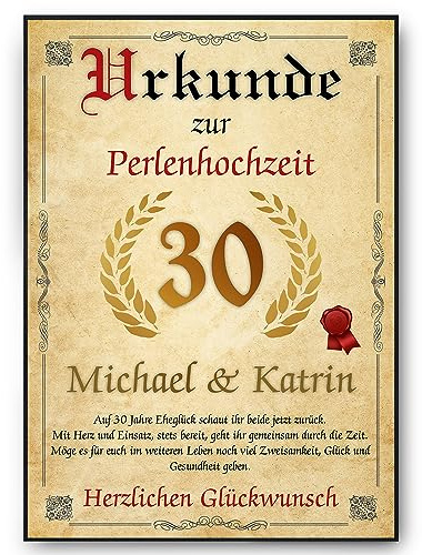 Personalisierte Urkunde zum 30. Hochzeitstag Geschenk zur Perlenhochzeit | Perlenhochzeit Karte Personalisiert mit Namen | 30. Jahrestag Geschenkidee Deko DIN A4