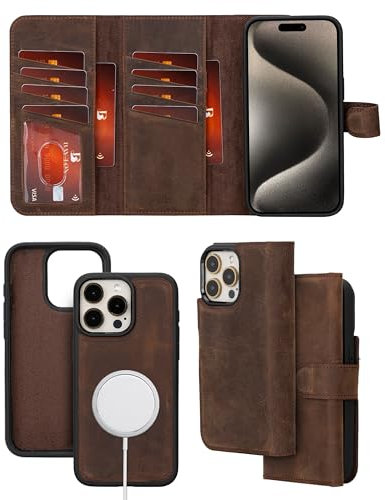Bayelon Wallet Case für iPhone 15 Pro Max, dreifach gefaltete Ledergeldbörse, abnehmbare magnetische Flip-Folio-Abdeckung, Kartenhalter, iPhone 15 Pro Max, Brieftaschen-Hülle, MagSafe-kompatibel,