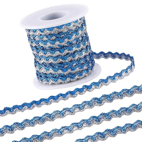 GORGECRAFT 15m X 5mm Rick-Rack-Besatz Zweifarbig Gewelltes Band Glitzernde Biegbare Fransenbesatz Blaues Splitter-Metallic-Drahtgeflecht Wellenkanten-Spitze Gewebtes Gurtband Fransen Für DIY-Handwerk