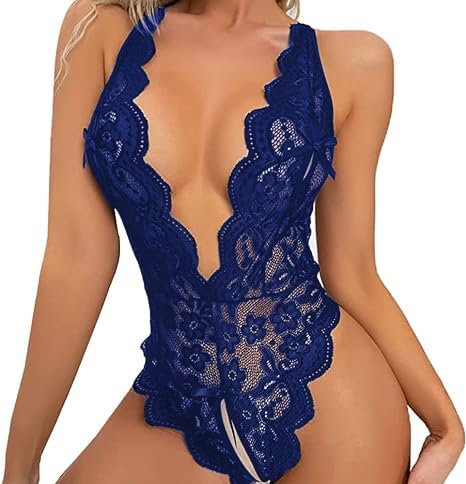 Lingerie Femme One-Piece Lingerie Hot Body Dentelle sous Vêtements Ouverte Babydoll Fendue sous Vetements Feminins Décolleté en V Teddy Lingerie,Bleu