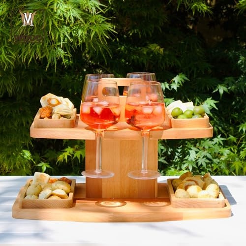 Vassoio Aperitivo 2 Ripiani, 4 Ciotole Estraibili, 4 Spazi Portabicchieri, Legno 100% Faggio, Tagliere Aperitivo Barca Trasportabile, 50x30x30hcm, Novità, Made in Italy