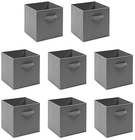 8 PCS Folding Collapsible Storage Cube Boxes for Kids Toy Clothes with Handle, Foldable Kids Canvas Unit Cube Organiser Basket Bin for Nursery Children Bedroom Wardrobe (Pack of 8, Grey)