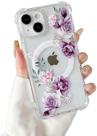 DEFBSC Magnetisch Hülle für iPhone 14 / iPhone 13 Kompatibel mit MagSafe, Transparent Hülle mit Florale Blumen Muster Design Hart PC Rückseite Dünne Kratzfestes Schutzhülle - Lila Pfingstrose