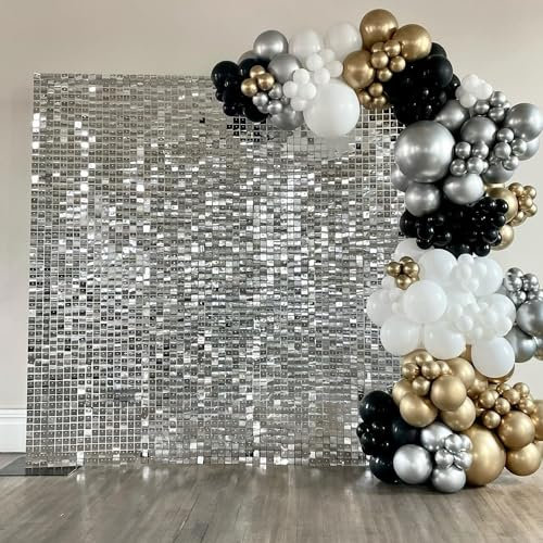 Silver Shimmer Wall Backdrop 24PCS Silver Square Sequin Shimmer Backdrop Panel Disco Glitter Background for Wedding, Birthday Party, Bridal Shower Stage Decoration