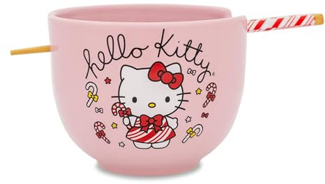 Sanrio Hello Kitty Holiday - Set di stoviglie in ceramica per ramen, con ciotola da 590 ml e bacchette in legno