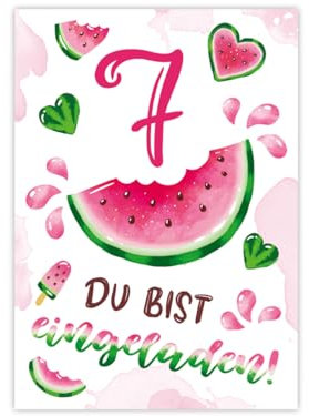 Minkocards 12 Einladungskarten zum 7. Kindergeburtstag Mädchen Wassermelone Einladung siebte Geburtstag Mädchengeburtstag Geburtstagseinladungen