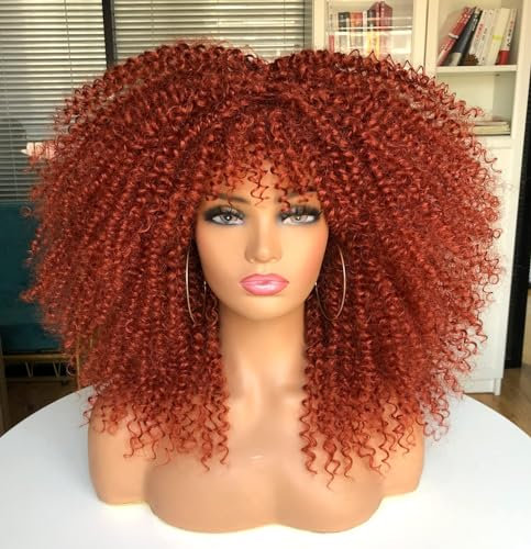 CoCrowns 16inch Afro Kinky Curly Wig with Bangs Long Curly Wigs for Black Women No Glue Full and Fluffy Like a Bomb Long Curly Hair Wigs(Ginger)