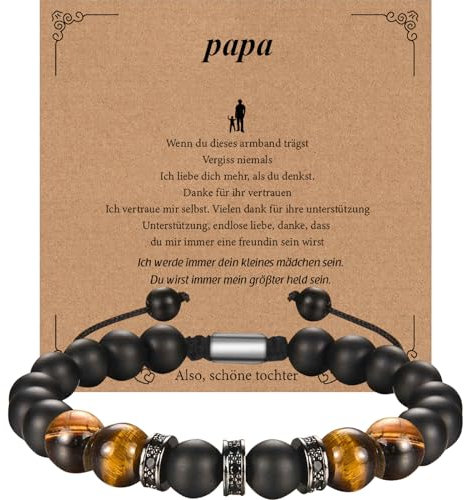 Vatertagsgeschenk Armband Herren Schwarzer Obsidian 8 mm, Schmuck Tigerauge, Geschenk für Papa zum Geburtstag