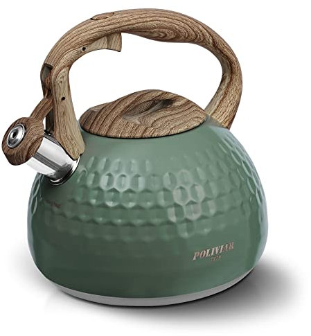 POLIVIAR Stove Top Kettle- Stainless Steel Stovetop Kettle 2.7 L- Audible Whistle Kettle- Tea Kettle Anti Rust and Anti Hot Handle- Suitable for All Heat Sources (Green- Diamond)