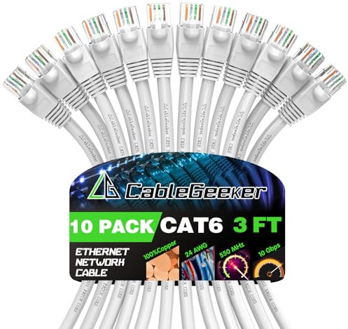 CableGeeker Cat 6 Ethernet Cable 3 ft (10-Pack) - Cat6 Patch Cables, Snagless RJ45, Cat 5e Cat 6 Patch Cable, Cat 6 Cable, 3 Foot Cat6 Ethernet Cables, Network Cable, Internet Cable - 3 Feet White