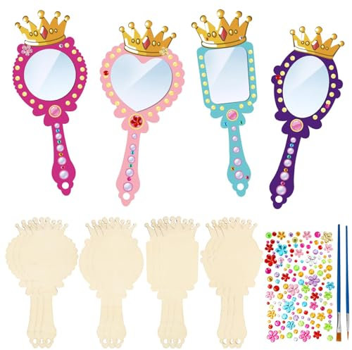 Prinzessin Mini Handspiegel, Kinder Malen Holzspiegel, 12 PCS Basteln Kinder Handspiegel, Holz Prinzessin Kosmetikspiegel, Bastelset Kindergeburtstag, Kreative Geburtstagsgeschenke für Kinder (A)