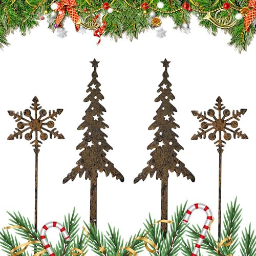 4PCS Garten Roststecker Metall Adventskranz Rost Dekostecker Winterwald Rost Gartendeko Stecker Rostoptik Gartenstecker Garten Metallstecker zum Advent Weihnachten Deko,Gartenstecker Weihnachten