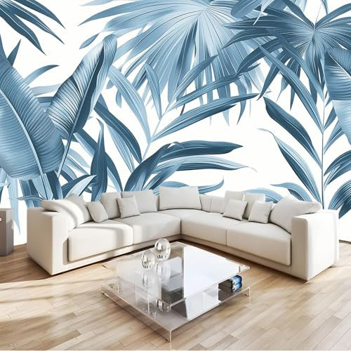 Feuille De Bananier Bleue Papier Peint 3D Panoramique Feuilles De Palmier Grises Tapisserie Mural Moderne Fresque, Poster Geant Mural, Pour Salon Chambre Fond Tv Style Déco 300 X 210 Cm