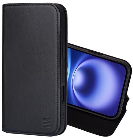 32nd Classic Series 2.0 - Real Leather Book Wallet Flip Case Cover For iPhone 16 (6.1), With RFID Blocking Card Slot, Magnetic Closure and Built In Stand - Black