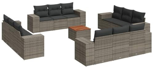 HETFTJN Loungemöbel Terrasse Balkonmöbel Lounge Möbel Outdoor Gartengarnitur - 13-TLG. Garten-Sofagarnitur mit Kissen Grau Poly Rattan für Hof Terrasse Garten Café