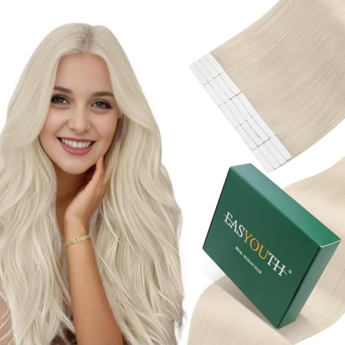 Easyouth Extensions Echthaar Tapes Weiß Blond Tape Extension Haarverlängerung Platinblond Remy Menschenhaar Glue Leichtes Tragegefühl #1000 20pcs 50g 55cm