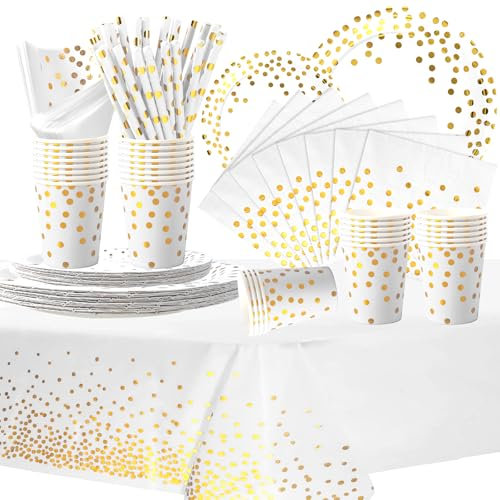 COLANANA Party Supplies,Party Tableware Set,White Gold Birthday Decorations Contain Plates Tablecloth Cups Napkins Paper Straws for Baby Shower Birthday Wedding Partys Anniversary(16 Guests)