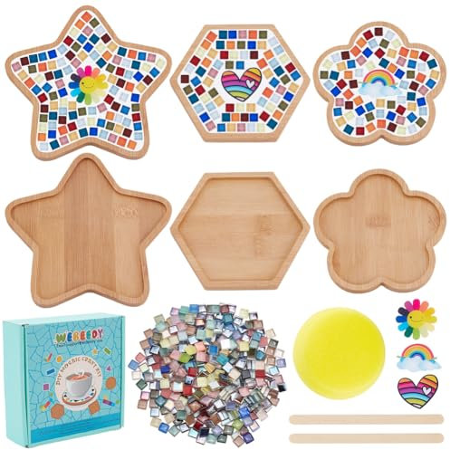 WEBEEDY 3 Sets DIY Mosaic Coasters Kit Rainbow Theme Mosaic Making Kit with Instruction for Adult Beginner Mixed Color Mosaic Tiles with Bamboo Coaster Home Table Protection Valentine's Day Gift