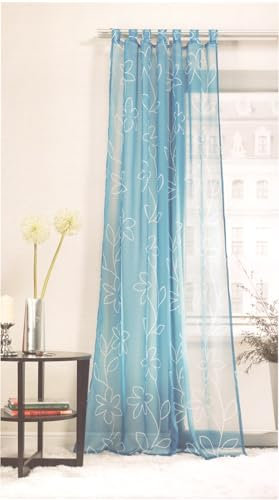 Fertigschal mit Schlaufen Gardine Schlaufenschal Vorhang mit Blumen Transparent BxH 140x245cm 1 Stück Blau mit Blumen