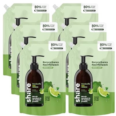 share Flüssigseife Nachfüllpack Limette & Koriander – Sanfte Reinigung & vegane Formel – flüssige Seife mit ätherischen Ölen – Handseife Nachfüllbeutel (6x500ml) – Spendet Hygieneprodukte