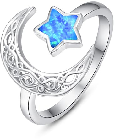 KINGWHYTE Keltischer Knoten Ring 925 Sterling Silber Mond und Stern Ring für Damen Keltische Einstellbar Ringe Schmuck Geschenk für Mädchen Mama Großmutter Freundin