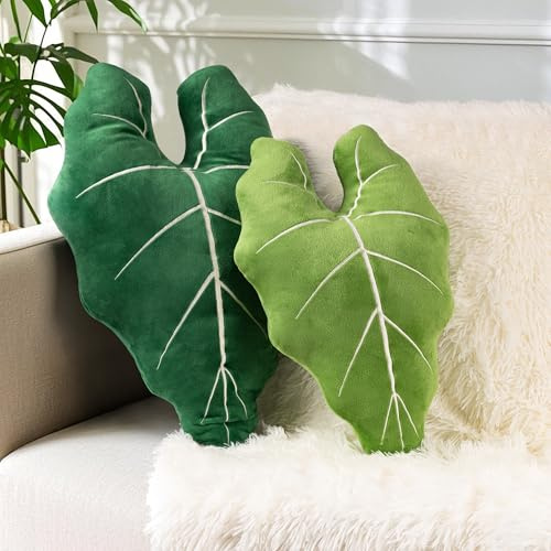 Philodendron Gloriosum 3D-Blätter-Kissen, weiches Plüschkissen, 59,9 cm und 47,8 cm, für Wohnzimmer, Schlafzimmer, Hellgrün und Dunkelgrün, 2 Stück