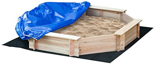 Outsunny Sabbiera per Bambini in Legno Ottagonale con Sedili e Copertura, Gioco da Giardino Sabbionaia per Bambini 3-8 Anni, 139.5x139.5x21.5cm, Colore Legno