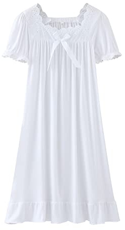 Toddler Girls Puff Sleeve Nightdress Lace Square Neck Kids Pleated Pyjamas Ruffle Long Dresses Summer Nighties Bowknot Loose Comfy Casual Pjs (White, 3-4 Years)