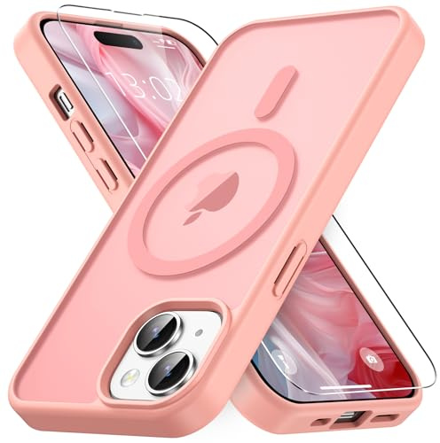 Vansdon Magnetisch für iPhone 15 Hülle-Rosa | mit 1 Schutzglas, Kompatibel mit Magsafe, Fallschutz nach Militärstandard, Transluzente Matt Rückseite Stoßfeste Handyhülle
