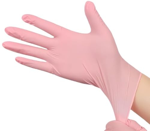 PBHOVIITG 100 Stück rosafarbene Einweghandschuhe aus Nitril for Geschirrspülen, Reinigen, Hygiene, Baden von Haustieren, Handpflege mit hoher Elastizität(S)