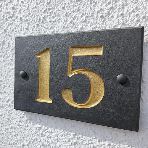 Custom House Number Plaque 15cm x 10cm in Grey Slate Stone Deeply Engraved Gold Enamel Finish Personalised Name Sign Weatherproof Outdoor Plaque for Front Door Home or Garden Gate One Two Three Digit