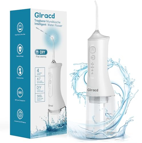Glracd Munddusche Testsieger 2026, 4 Modi Professionelle Water Flosser, munddusche kabellos 300ML Tank, Zahnzwischenraumreiniger mit 6 Jet-Tipps des Wasserdrucks für die Mundreinigung und Zahnspange