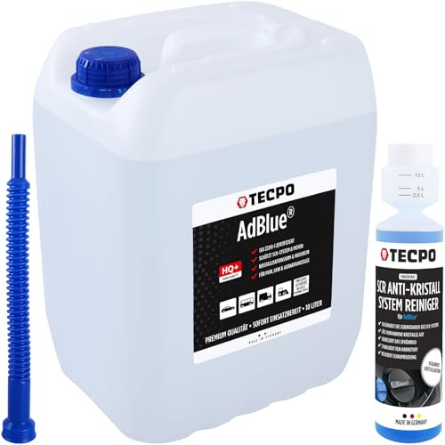 TECPO Adblue® Anti-Kristall Konzentrat, 250 ml Systemreiniger mit Adblue® 10 Liter + Ausgießer