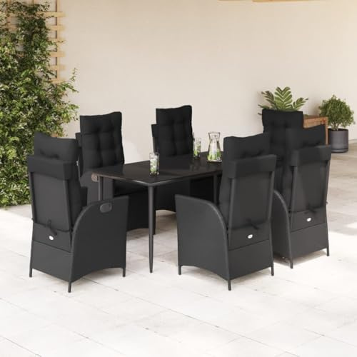 Yunovire 7-TLG. Garten-Essgruppe Schwarz Poly Rattan, verstellbare Stühle, Kissen, Glastisch, für Garten, Terrasse, Balkon, Essbereich, 160x80x74 cm
