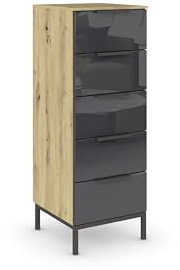 Rauch Möbel Flipp, Kommode, Farbe Glas Basalt/Eiche Artisan, Breite 40 cm | Sideboard, 5 Schubladen, Glasfront, Soft-Close, Griffe, Metallkufe Graphit für Schlafzimmer, Gästezimmer, Wohnzimmer
