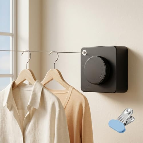 Tendedero retráctil de Pared 4,2 m, Cable con Alma de Acero, Negro | Tendedero de un solo cable para baño, lavadero y balcón cubierto; instalación con o sin taladro