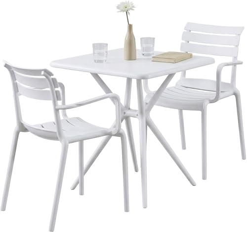 CLP Gartenmöbel-Set wetterfest Avena, mit 2 Stapelstühlen und quadratischem Esstisch 72x72cm, Sitzgruppe für Balkon, Terrasse und Garten, Farbe:weiß