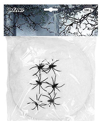 Boland 74416 - Halloween Dekoration Spinnennetz, Inhalt 100 Gramm mit 6 Spinnen, Partydeko für Mottoparty, Halloween Deko