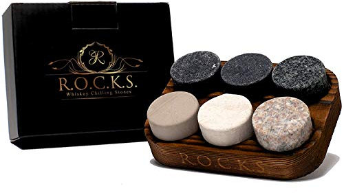 Whiskey Steine Geschenkset- 6 Handgefertigte Premium-Granitsteine - Präsentations & Aufbewahrungsschale Aus Hartholz R.O.C.K.S.