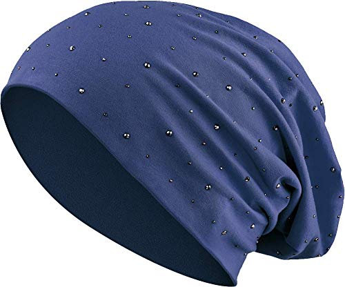Jersey Baumwolle elastisches Long Slouch Beanie Unisex Herren Damen mit Strass Stern Steinen Mütze Heather in 35 (7) (Dark Blue)