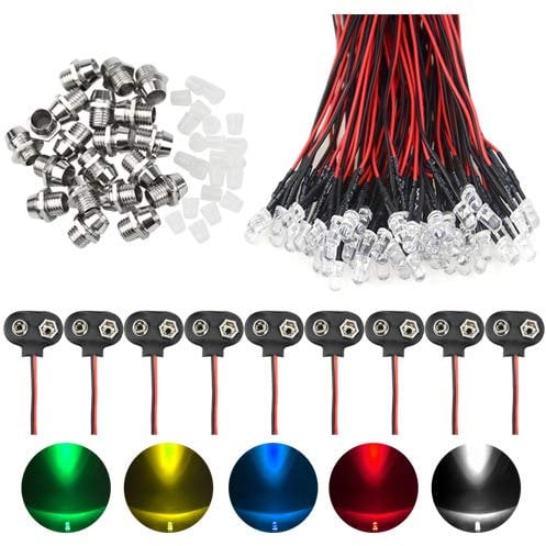 WMYCONGCONG 70 PCS Mixed Color 12V DC 5mm Light Emitting Diodes Pre Wired 20cm Bulb Lamp w/ 20 PCS 5mm Light Emitting Diode Holder w/ 10 PCS 9V Battery Clip Connector