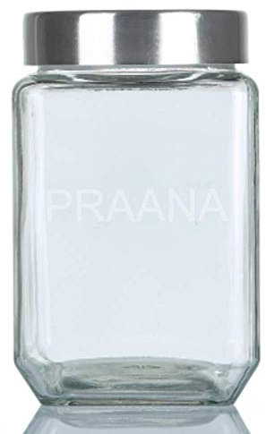 PRAANA Large Square Glass Storage Jar With Round Airtight Metal Lid - 1.5 Litre