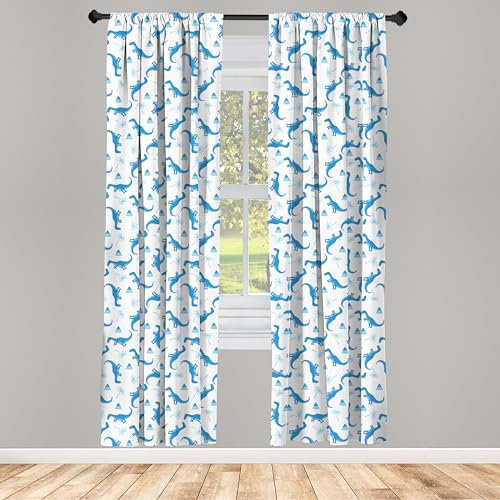 ABAKUHAUS Dino Vorhänge, Gardinen, Dinosaurier Palmen und Vulkan, Fensterbehandlungen für Wohnzimmer Schlafzimmer Dekor, 2 Stück 75 cm b x 225 cm h,Blau Hellblau und Weiß