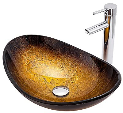 SHUGUANG Gehärtetes Glas Waschbecken, Aufsatzwaschbecken Gold Glas Aufsatz Waschschale Oval Waschschale Waschtisch Set mit Chrom Wasserhahn, Montagering, Ablaufwasser Set, 540×360×160mm