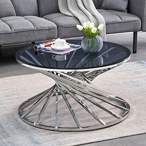 JaHECOME Round Glass Coffee Table Silver Modern Design Sofa Side Table End Table Stainless Steel with Light Grey Tempered Glass for Bedroom Living room