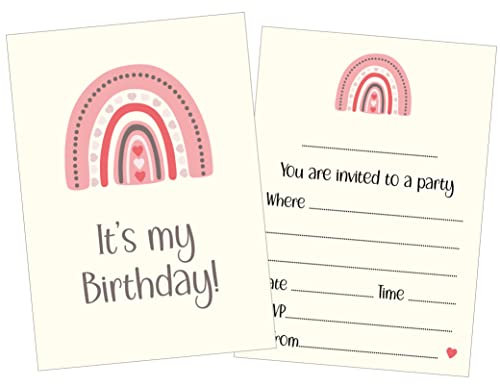 12 x Pink Rainbow Birthday Party Invitations (Invitations Only)